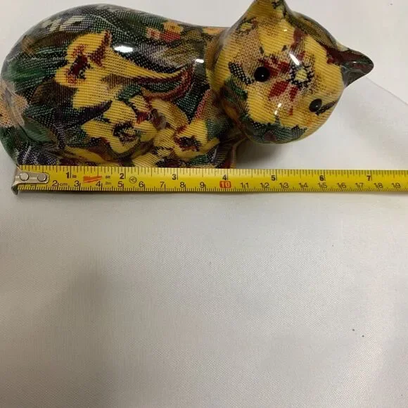 Vintage 1960's  Floral Fabric Glazed  Decoupage Cat Figurine, ceramic decorative - Picture 9 of 9
